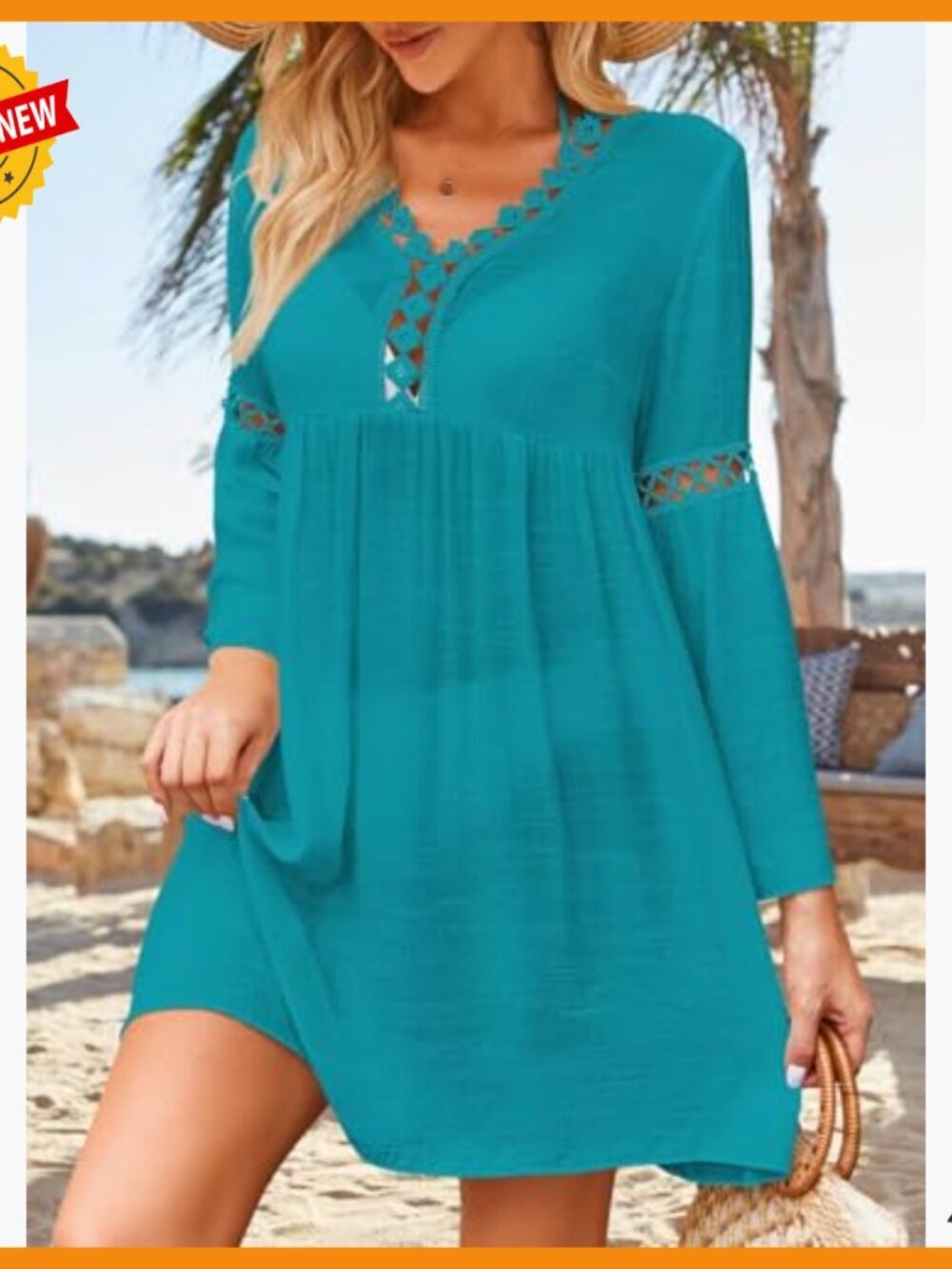 Women's Long Bell Sleeve Lace Coverup Loose Fit V Neck Swimwear - Picture 6 of 7